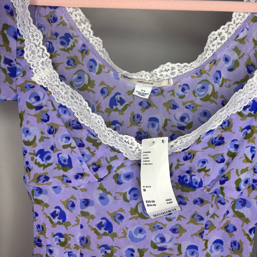 NWT Kimchi Blue Blake Puff Sleeve Mesh Top Rose Lavender Tea Stain - Picture 7 of 9